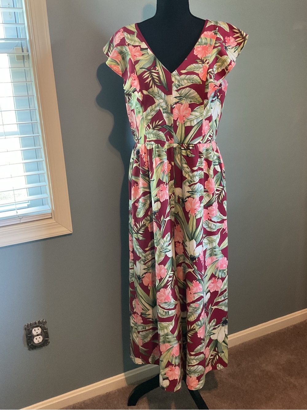 Ann Taylor Burgundy Floral Maxi Jumpsuit with Pink and Green Print